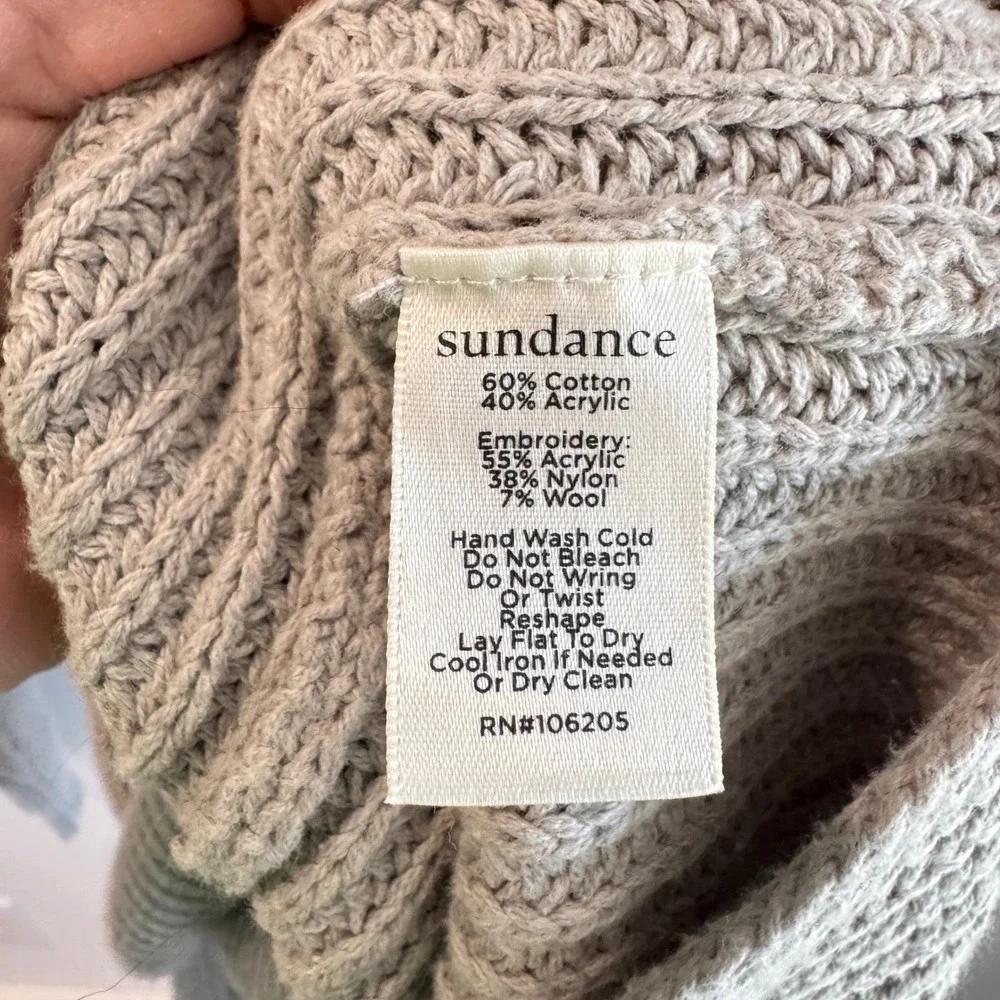 Sundance Grey Floral Embroidered Cowl Neck Chunky‎ Ribbed Knit Sweater S